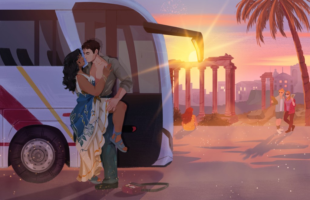 Character art for the books Only One Tour Bus, showing the hero and heroine in an embrace, with him holding up her leg and pushing her dress back on that leg, and her pushing sway his unbuttoned shirt. They are standing in front of a tour bus, hidden from the historic site in the background. The site is the Roman forum, and has people milling around the site, and it is sunset. 
