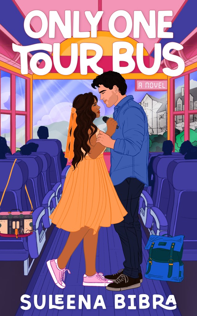 Cover of the book Only One Tour Bus. Shows a woman in an orange dress and pink tennis shoes with a bow in her hair holding a microphone, and a man in pants and a button-down t-shirt holding her arm, trying to talk into the microphone. They are at the front of a tour bus, with their bags next to them, hers a design of a building and his is plain blue. Outside the bus windows is the city of Edinburgh, with Edinburgh Castle visible on the right side.