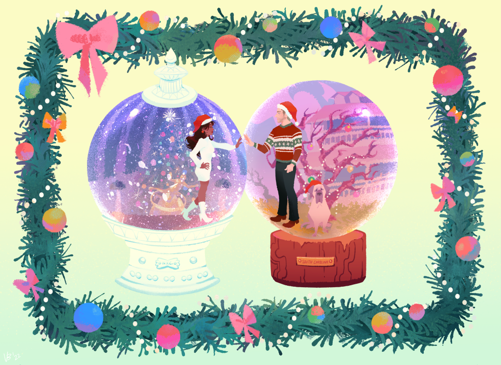 Character art for the book Two Christmases, showing the heroine and hero in snow globes, hers represents Christmas in the city and is fancier, his is Christmas on his peach farm with his dog, and is a simpler globe, they are surrounded by a border of a Christmas garland with ornaments, a string of light and a bow